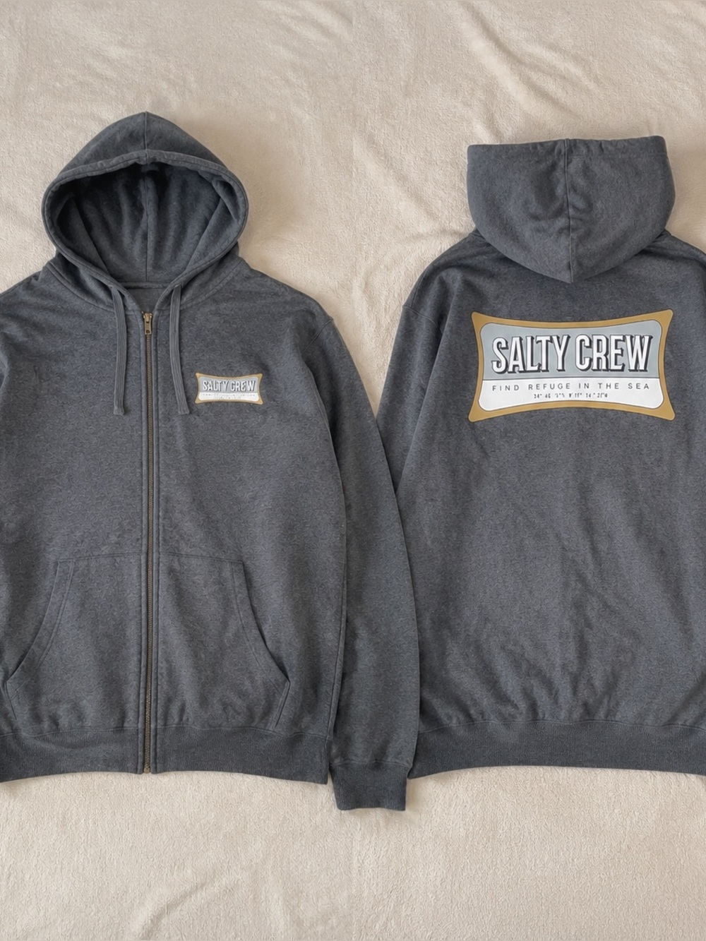 Salty Crew “Find Refuge in the Sea” men’s full-zip hoodie in charcoal gray